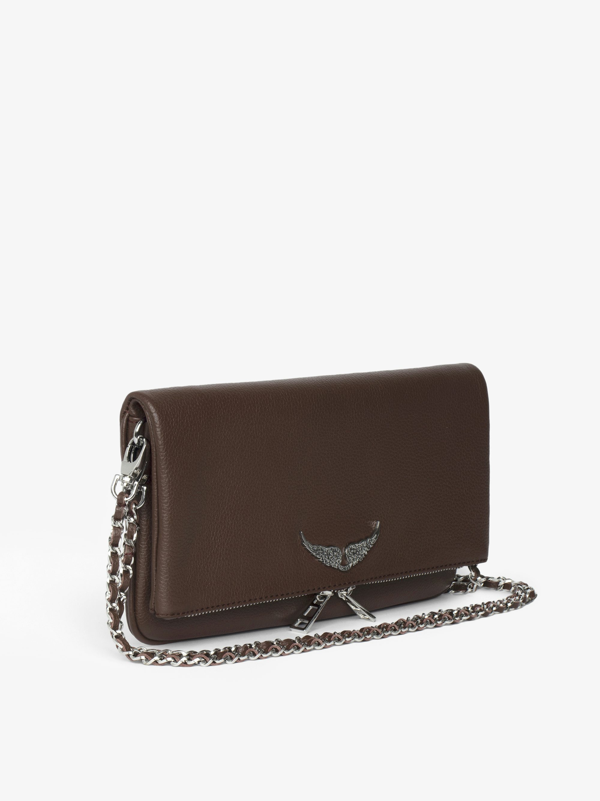 Rock Clutch - Grained leather clutch with double leather and metal chains and rhinestone-embellished wings.